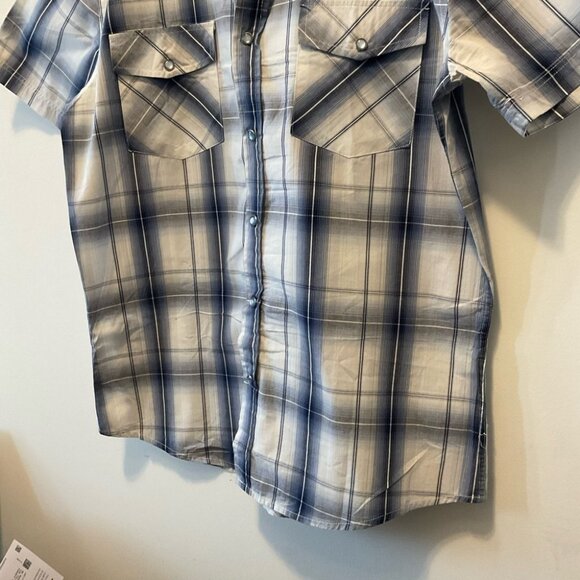 For Him U.K. blue white Plaid button up Shirt short sleeve Size L - Picture 5 of 7